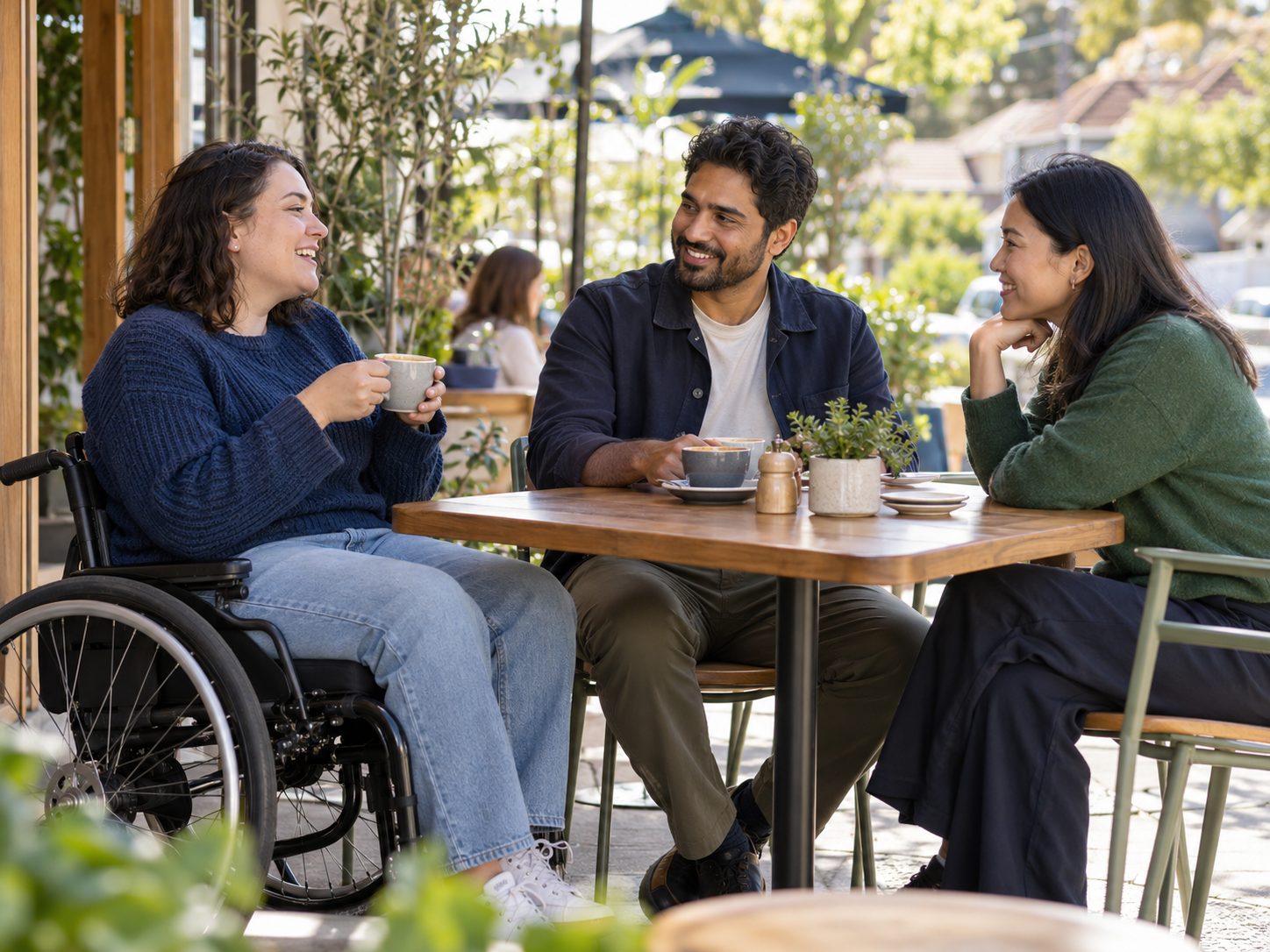 A group of friends, including a wheelchair user, laughing together at an outdoor café table.