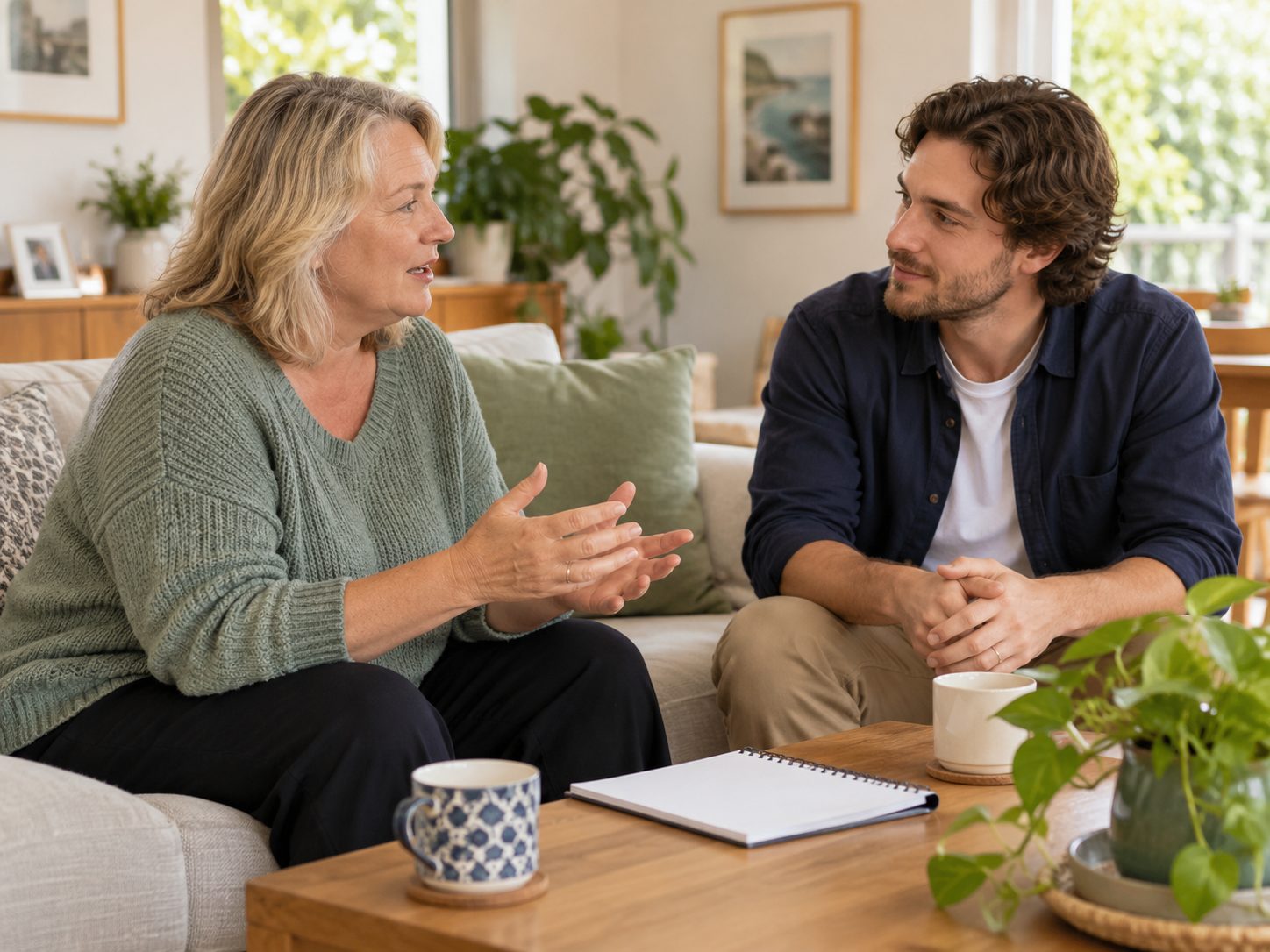 Two people having a warm, attentive conversation together in a bright living room.